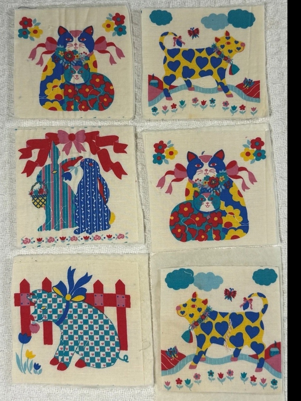 6 Vintage Folk Art Cat Quilt Fabric Panels Cottagecore Country Craft Set